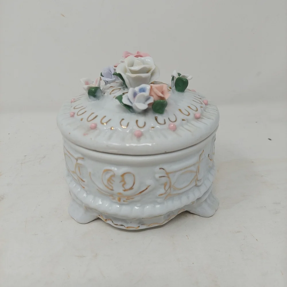 Vintage Floral Trinket Box Porcelain White Pink Roses Jewelry Footed Victorian